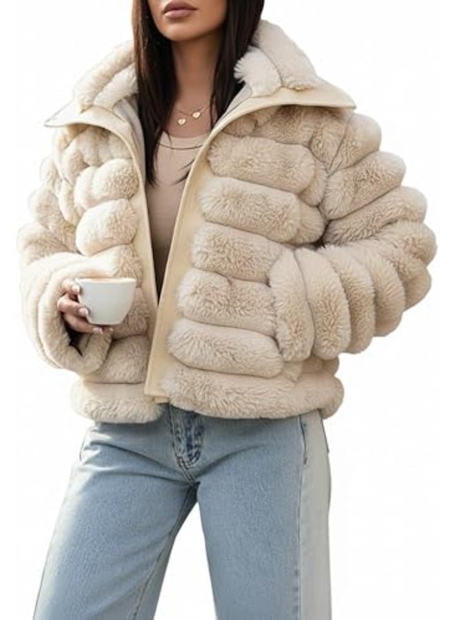 Women's High-Waisted Faux Fur Jacket with Satin Lining, Balloon Beige, Short, One Size - Fits up to 80 kg - Image 1